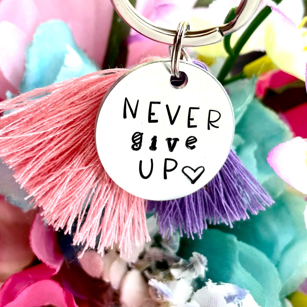 Never Give Up - Encouragement Gift - Hand Stamped Keychain - Hand Stamped Gifts - Picture 4 of 4